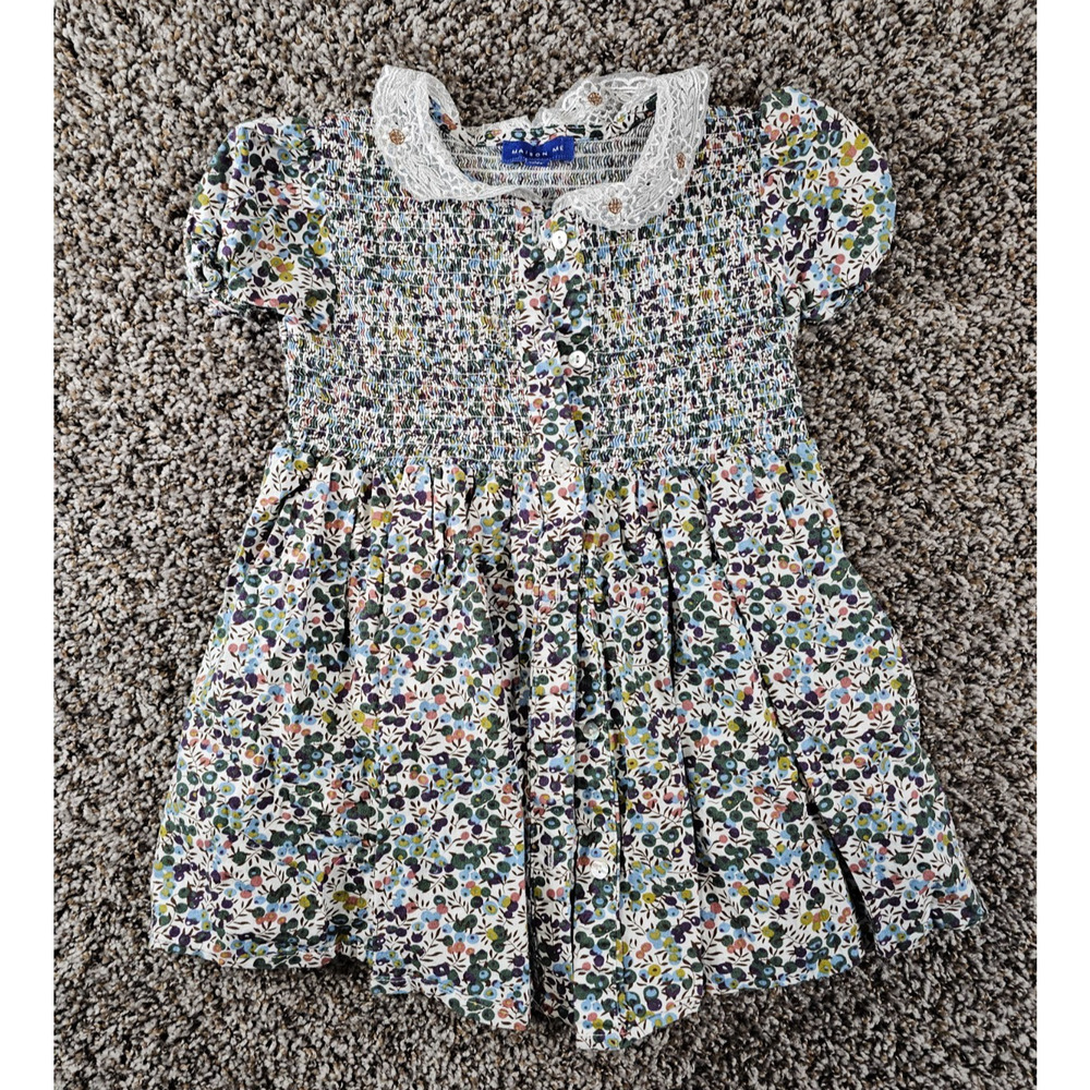 Maison Me Girls Sz 5 Knee Length Smocked Dress Floral Print Lace Collared
